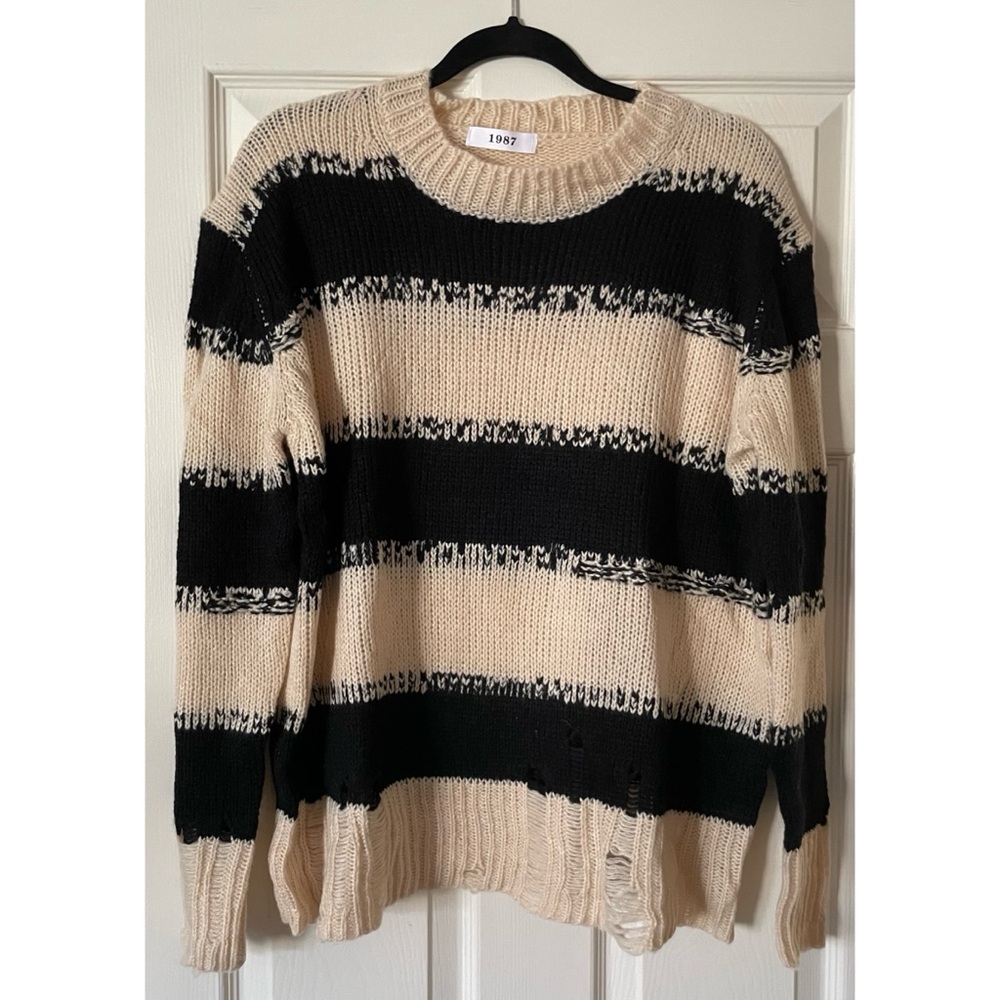 Fashion Chingu Beige and Black Distressed Striped Sweater
